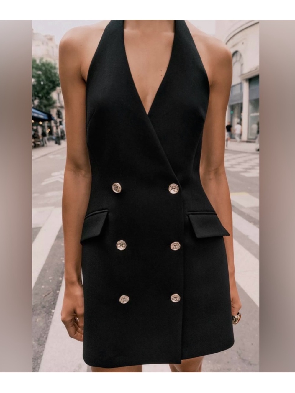 Zara Black Halter Double-Breasted Mini Dress with Gold Buttons